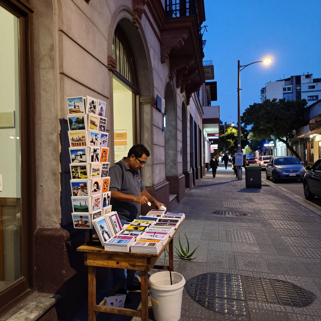 Buenos Aires indigo twilight street scene with postcards and aloe vera in in Buenos Aires, Argentina