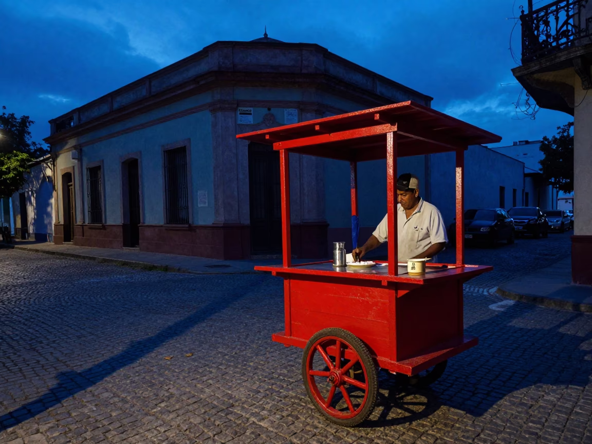 Buenos Aires indigo twilight street scene with red lacquered wood and hand mirror in in Buenos Aires, Argentina