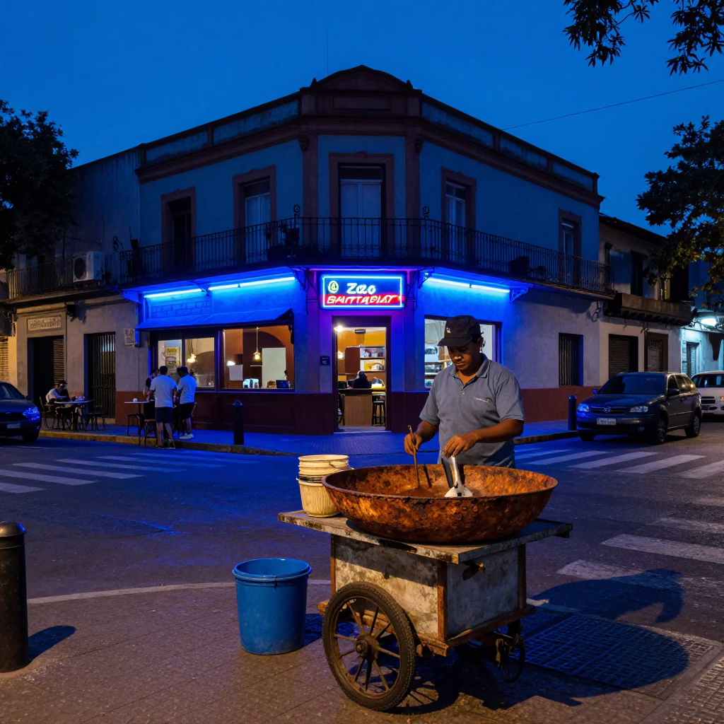 Buenos Aires Indigo Twilight Street Scene with Rusty Bowl and Coffee Cup in in Buenos Aires, Argentina