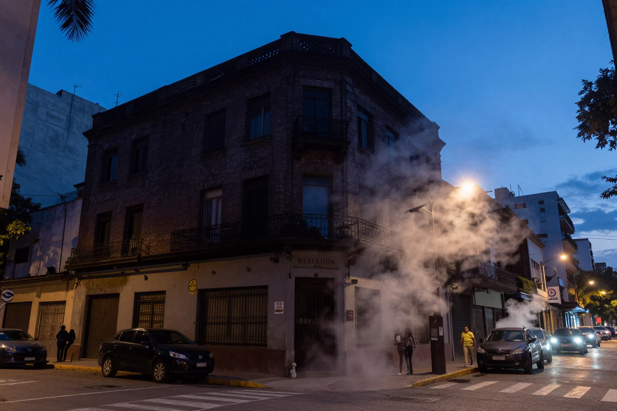 Buenos Aires indigo twilight street scene with steam and urban textures in in Buenos Aires, Argentina