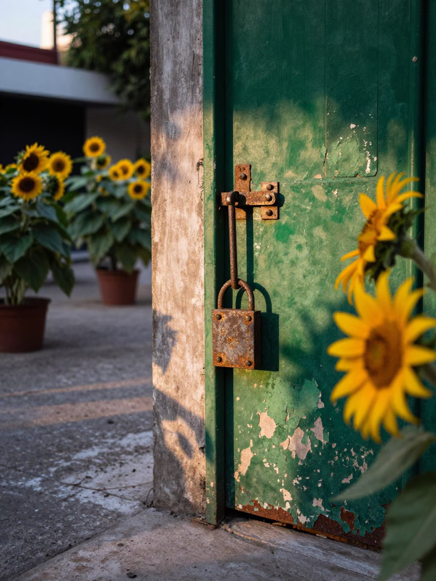Buenos Aires Iron Deadbolt And Sunflowers Courtyard just after sunrise in in Buenos Aires, Argentina