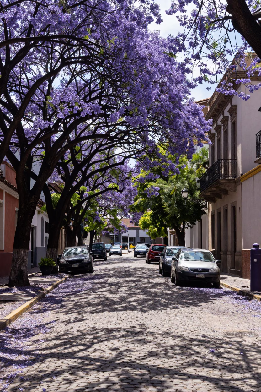 Buenos Aires Jacaranda Bloom and Fallen Petals on Cobblestone Street in in Buenos Aires, Argentina