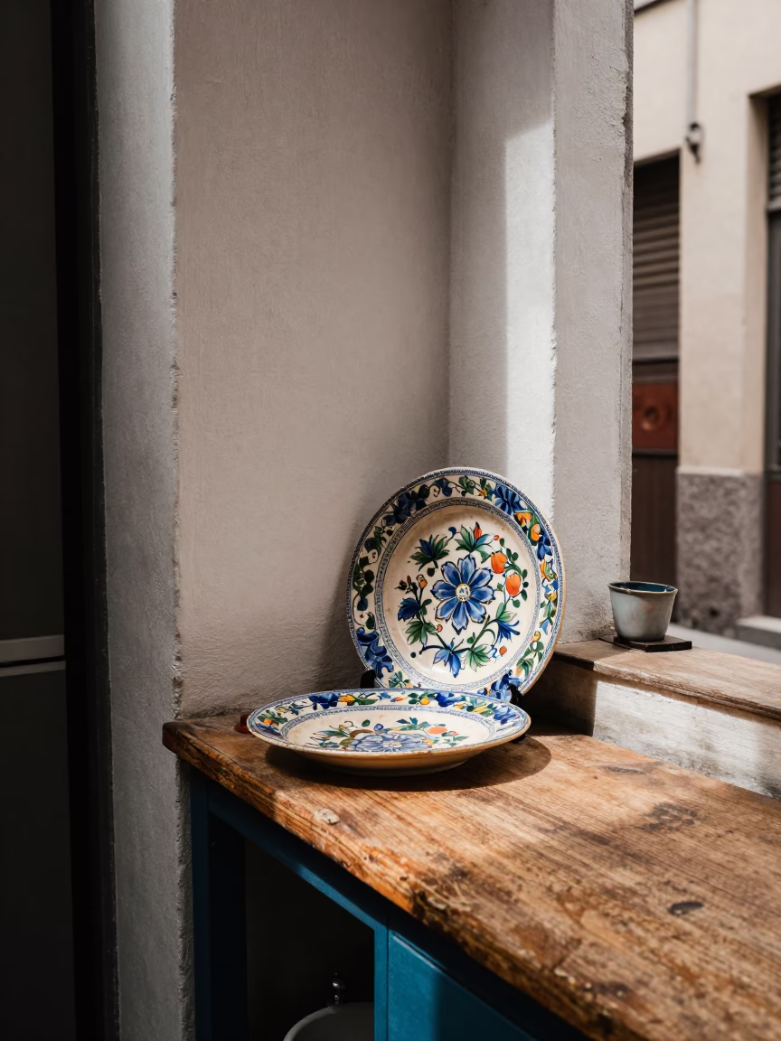 Buenos Aires kitchen corner with vintage majolica plate and light in in Buenos Aires, Argentina