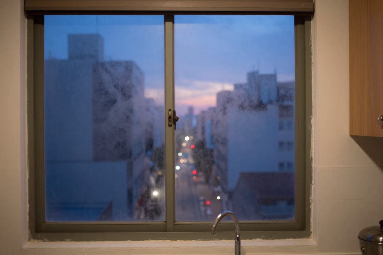 Buenos Aires kitchen window steam clouding glass with indigo twilight in in Buenos Aires, Argentina