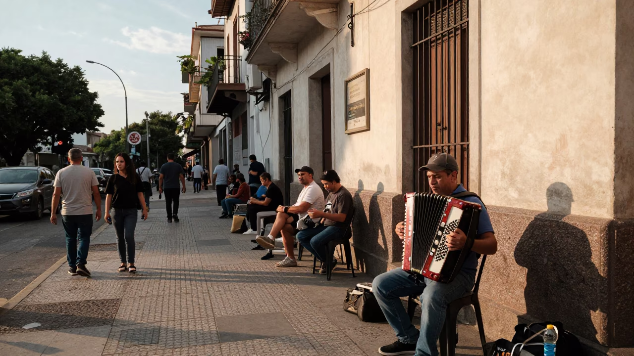 Buenos Aires Late Afternoon Street Scene with Accordion and Koshari Plate in in Buenos Aires, Argentina