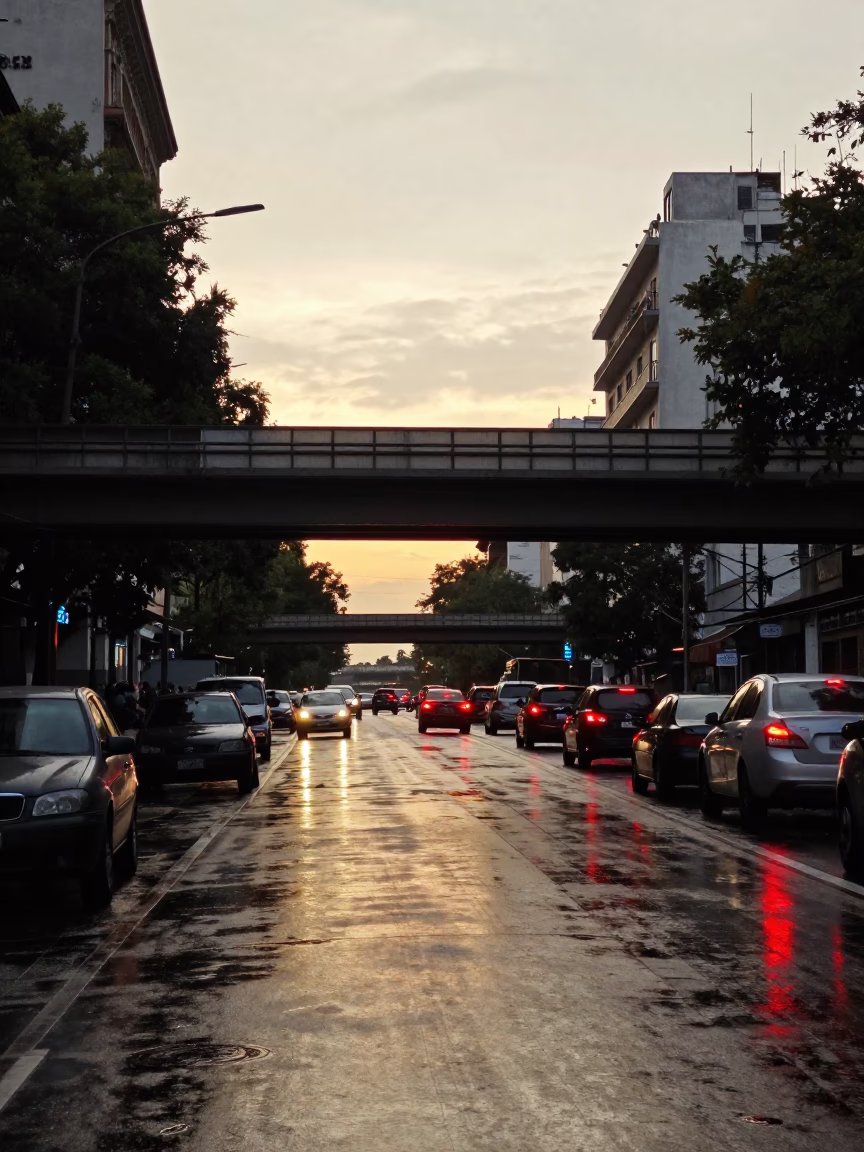Buenos Aires Late Afternoon Street Scene with Rain-Slicked Overpass and Taillights in in Buenos Aires, Argentina
