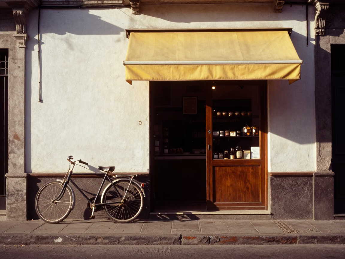 Buenos Aires Late Morning Street Scene with Bicycle and Bakery in in Buenos Aires, Argentina