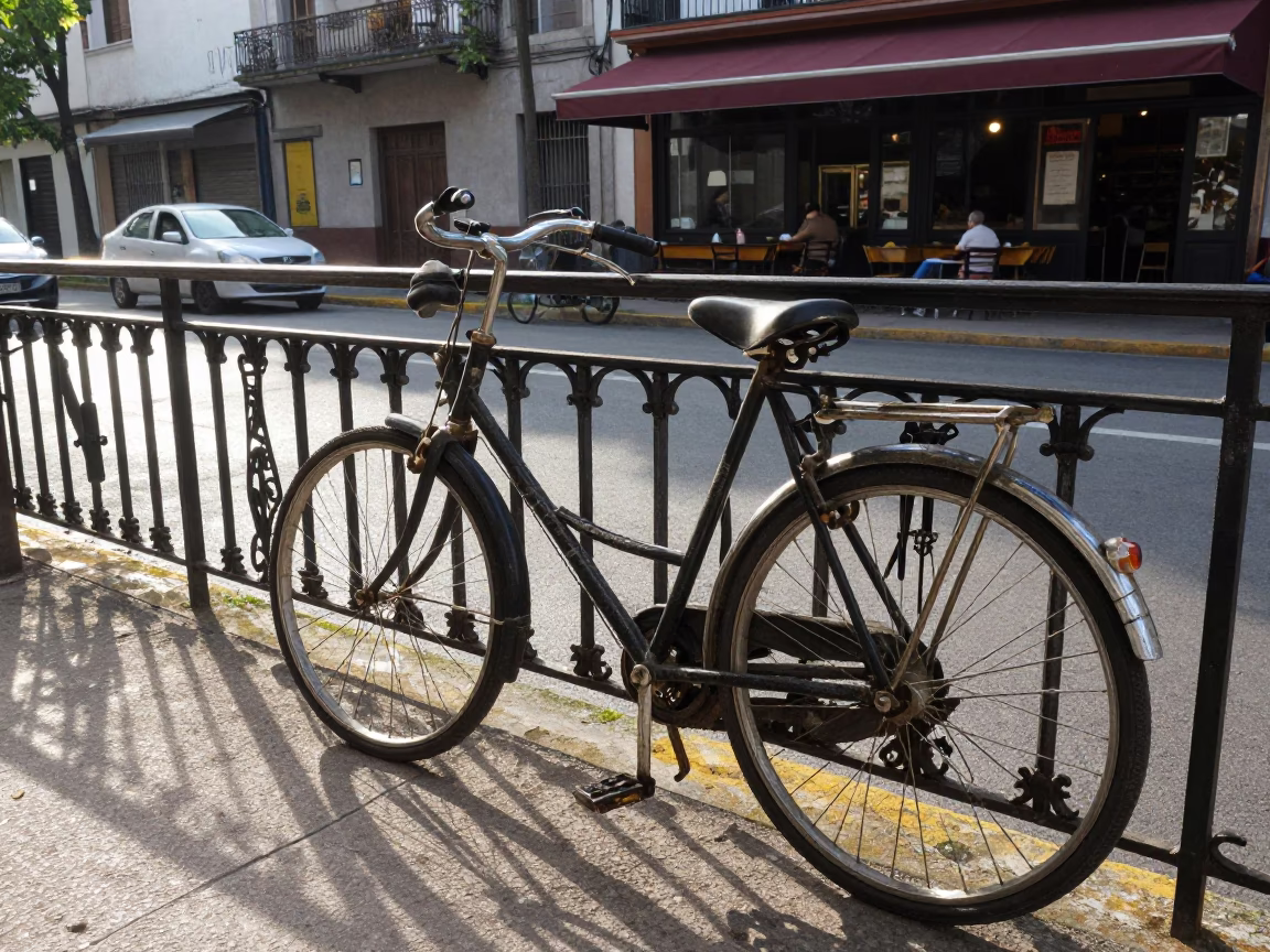 Buenos Aires Late Morning Street Scene with Bicycle and Cafe Exterior in in Buenos Aires, Argentina