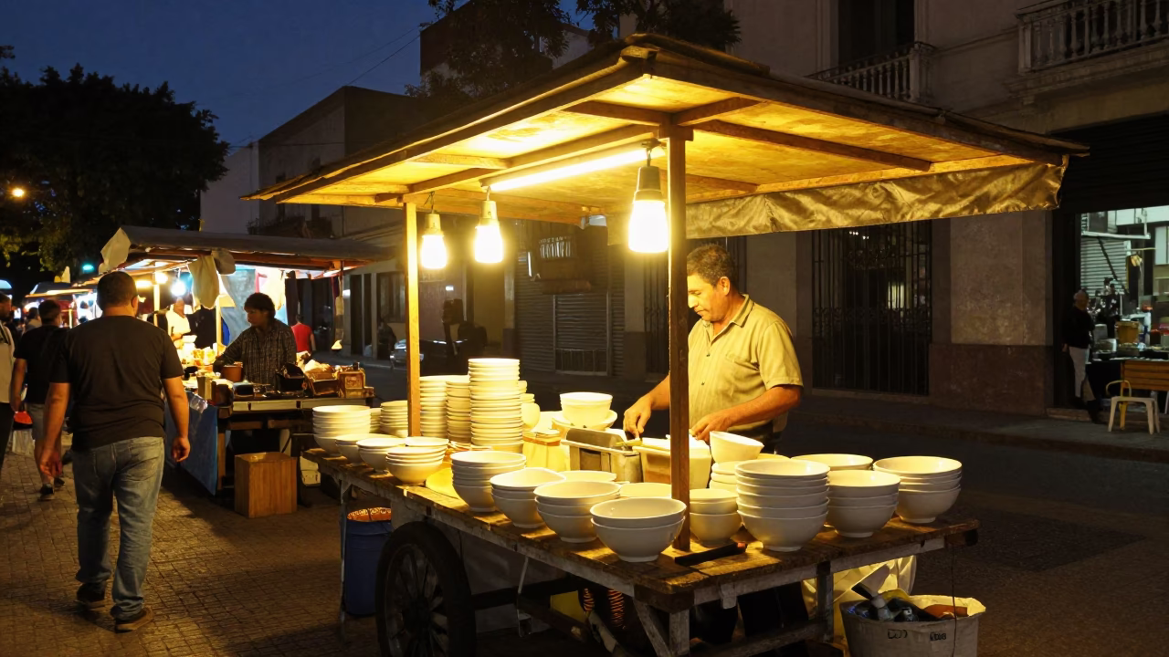 Buenos Aires Market Stall at The Deepest Night Sky Light in in Buenos Aires, Argentina