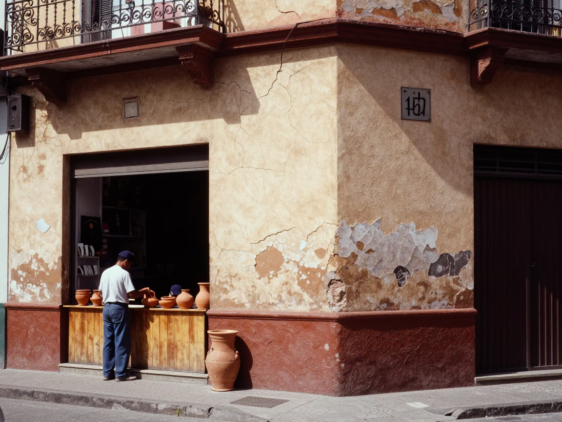 Buenos Aires Midday Street Scene with Cracked Stucco and Clay Pots in in Buenos Aires, Argentina