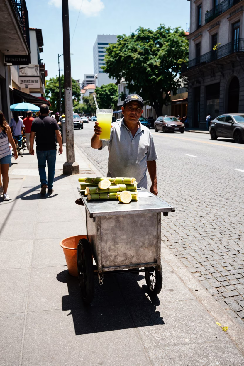 Buenos Aires Midday Street Scene with Fresh Sugarcane Juice and Local Market Interaction in in Buenos Aires, Argentina