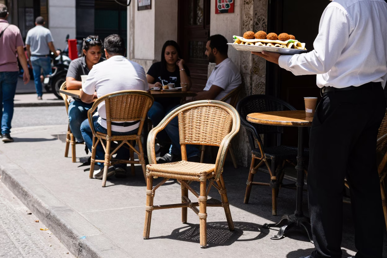 Buenos Aires Midday Street Scene with Rattan Chair and Local Interaction in in Buenos Aires, Argentina
