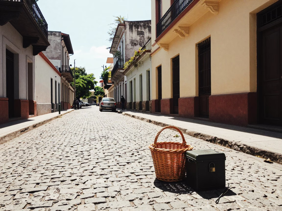 Buenos Aires Midday Street Scene with Wicker Basket and Lockbox in Historic District in in Buenos Aires, Argentina