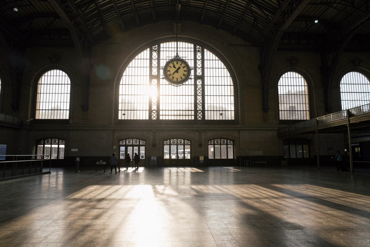 Buenos Aires Morning Light on Historic Train Station Clock Under Iron Roof in in Buenos Aires, Argentina