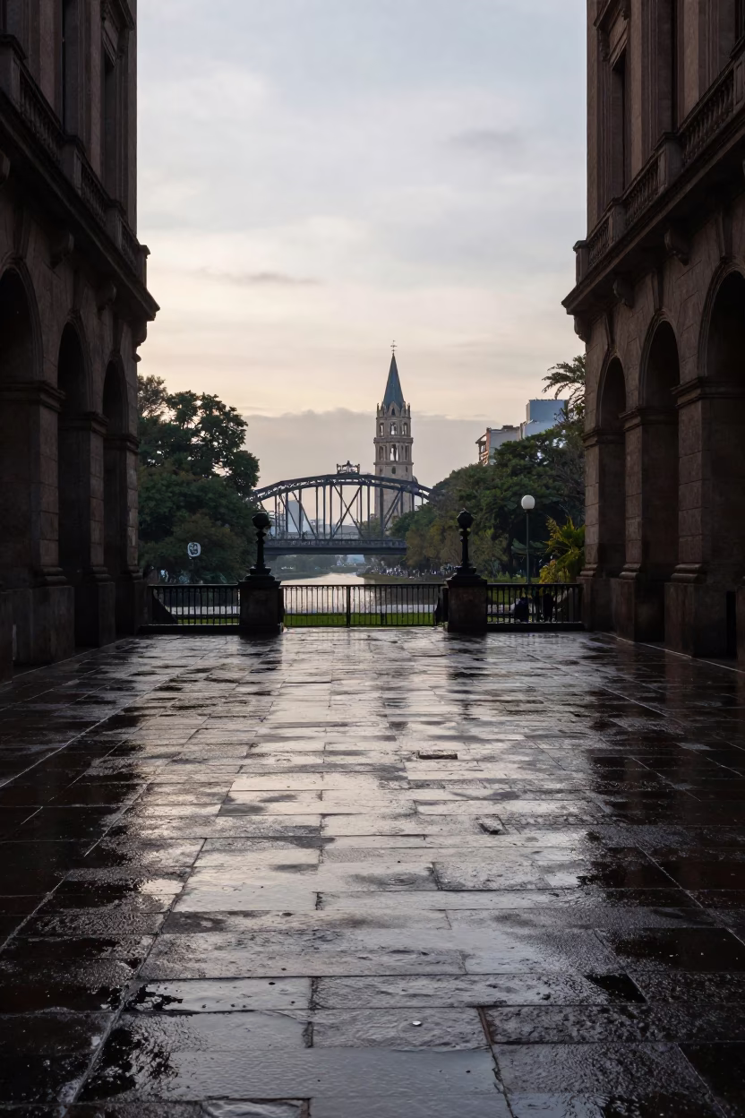 Buenos Aires Morning Light on Wet Flagstones and Historic Iron Bridge in in Buenos Aires, Argentina