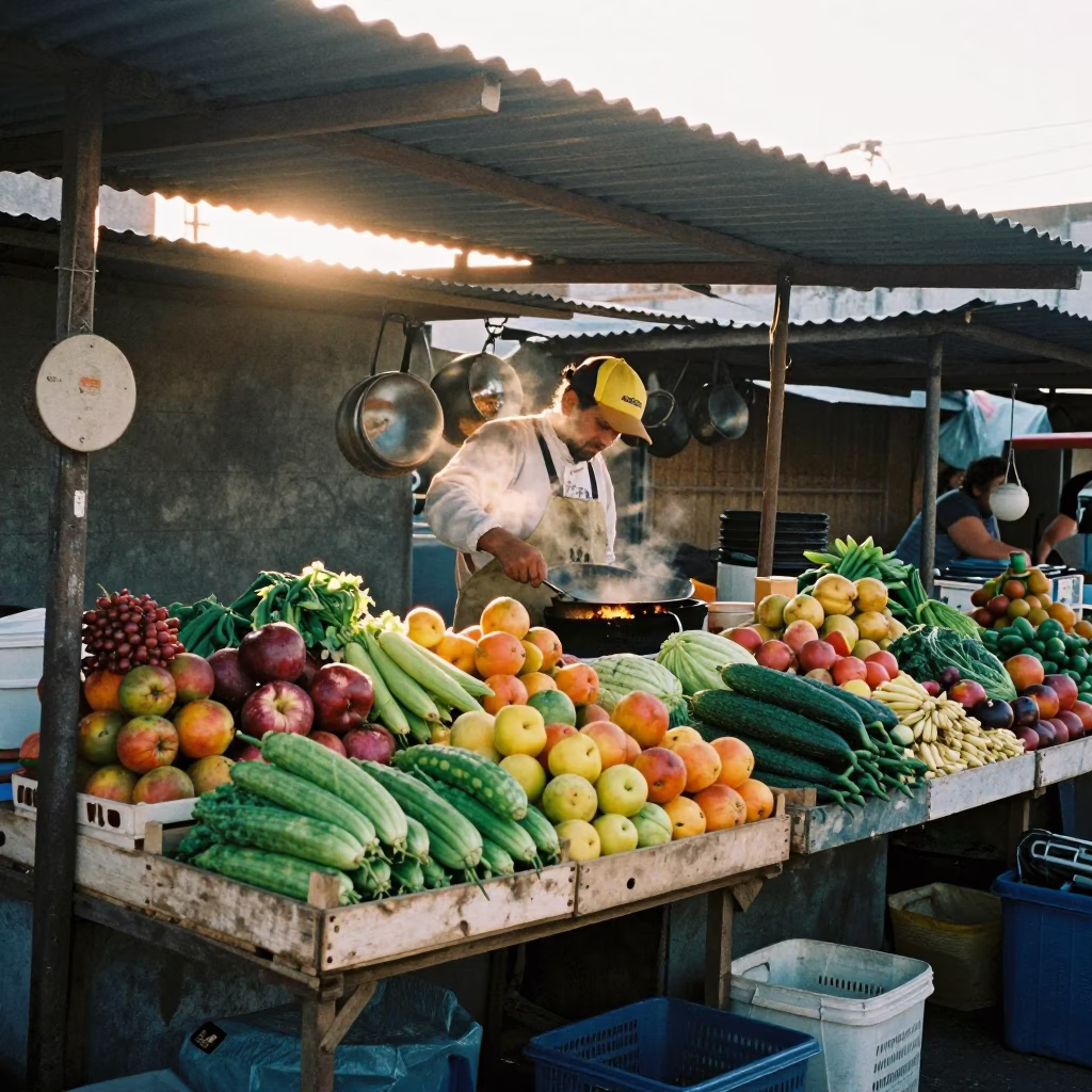 Buenos Aires Morning Market Stall with Grease Stained Cookware and Colorful Produce in in Buenos Aires, Argentina