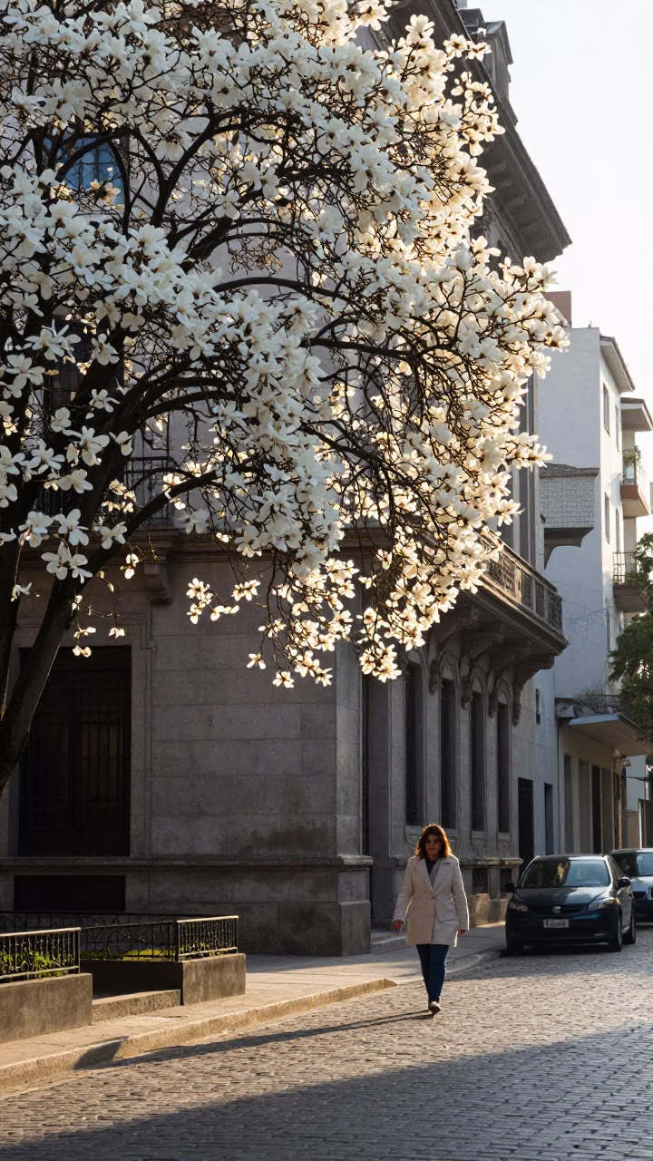 Buenos Aires Morning Street Scene with Magnolia Tree Bloom and Urban Details in in Buenos Aires, Argentina