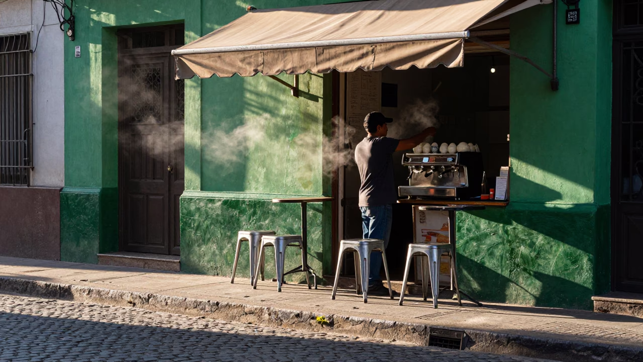 Buenos Aires Morning Street Scene with Metal Stools and Green Leaves in in Buenos Aires, Argentina