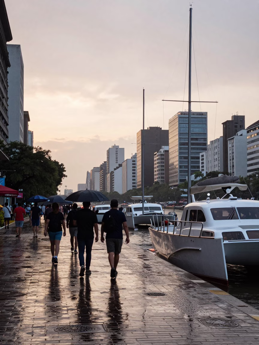 Buenos Aires Nautical Dawn Street Scene with Catamaran and Wet Flagstones in in Buenos Aires, Argentina