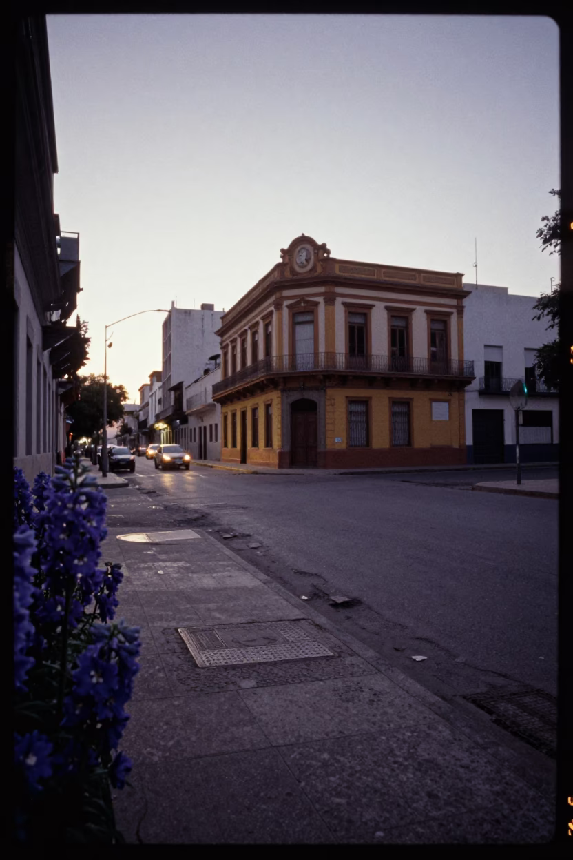Buenos Aires Nautical Dawn Street Scene with Delphinium Border and Hand Broom in in Buenos Aires, Argentina