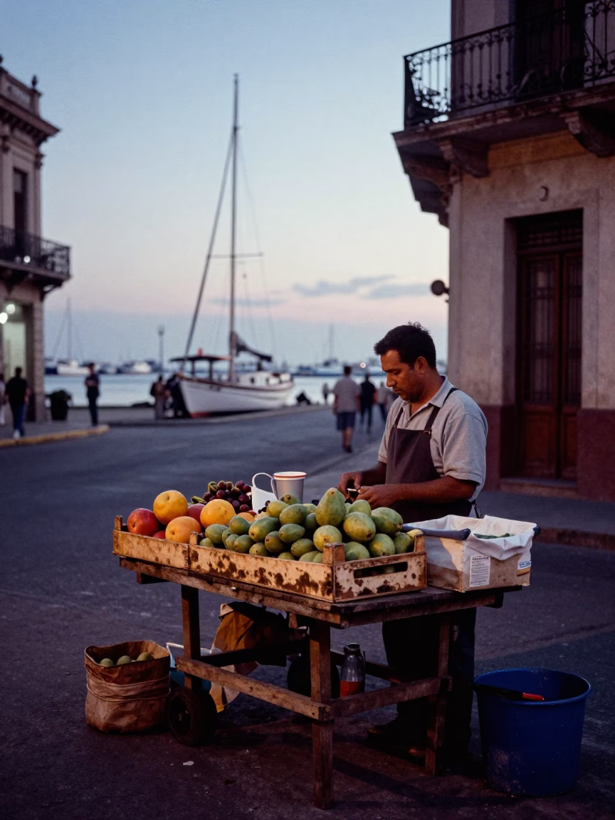 Buenos Aires Nautical Dawn Street Scene with Local Market Items in in Buenos Aires, Argentina