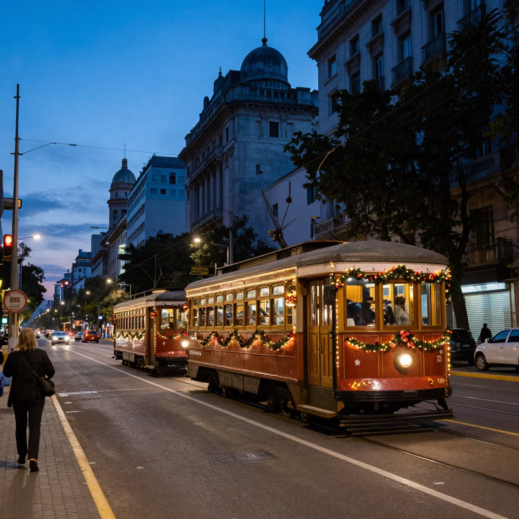 Buenos Aires Nautical Dawn Street Scene with Tram and Early Morning Activity in in Buenos Aires, Argentina