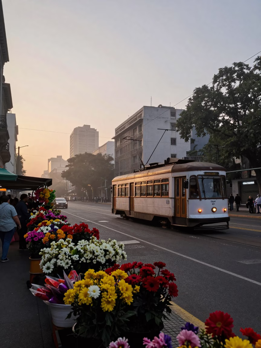 Buenos Aires Nautical Dawn Street Scene with Tram and Flower Market Stop in in Buenos Aires, Argentina