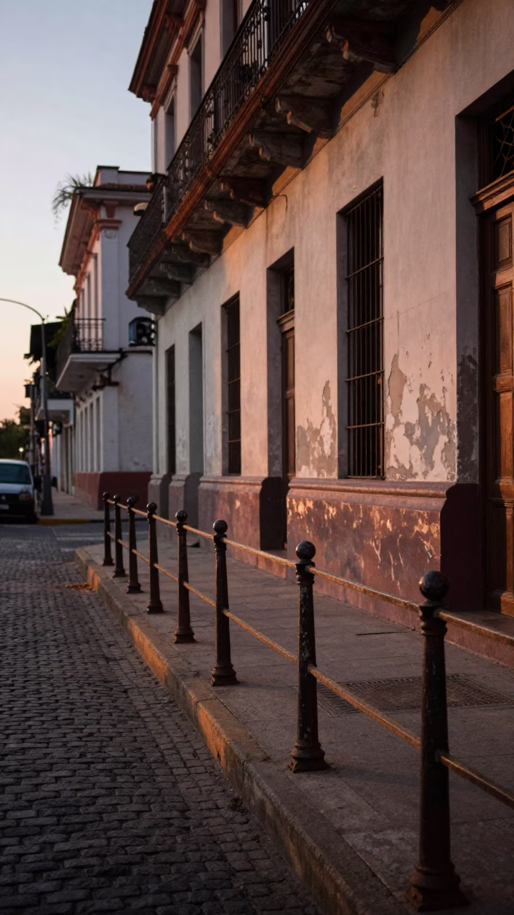 Buenos Aires Nautical Dawn Street Scene with Weathered Peg Rail and Local Morning Activity in in Buenos Aires, Argentina