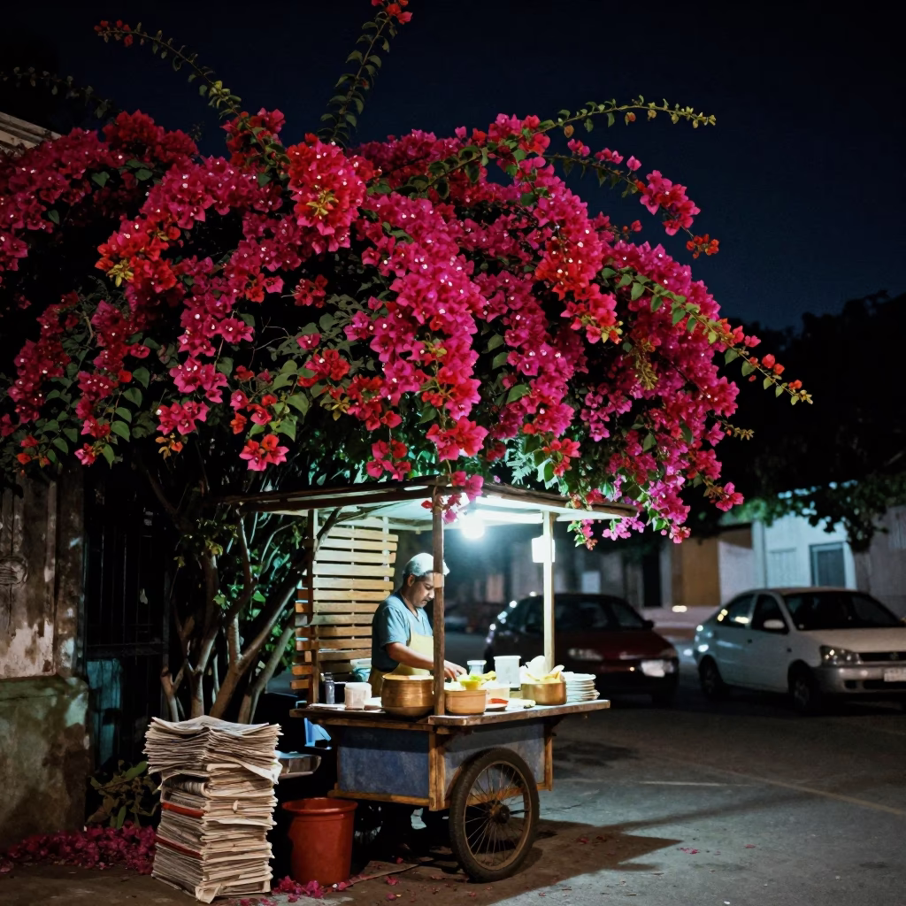 Buenos Aires Night Scene with Bougainvillea and Newspaper Stack Under Deep Sky in in Buenos Aires, Argentina