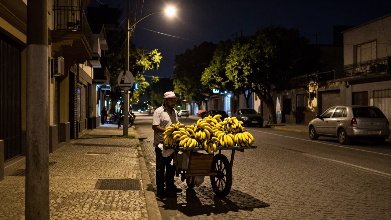 Buenos Aires Night Street Scene with Banana Vendor and Urban Details in in Buenos Aires, Argentina