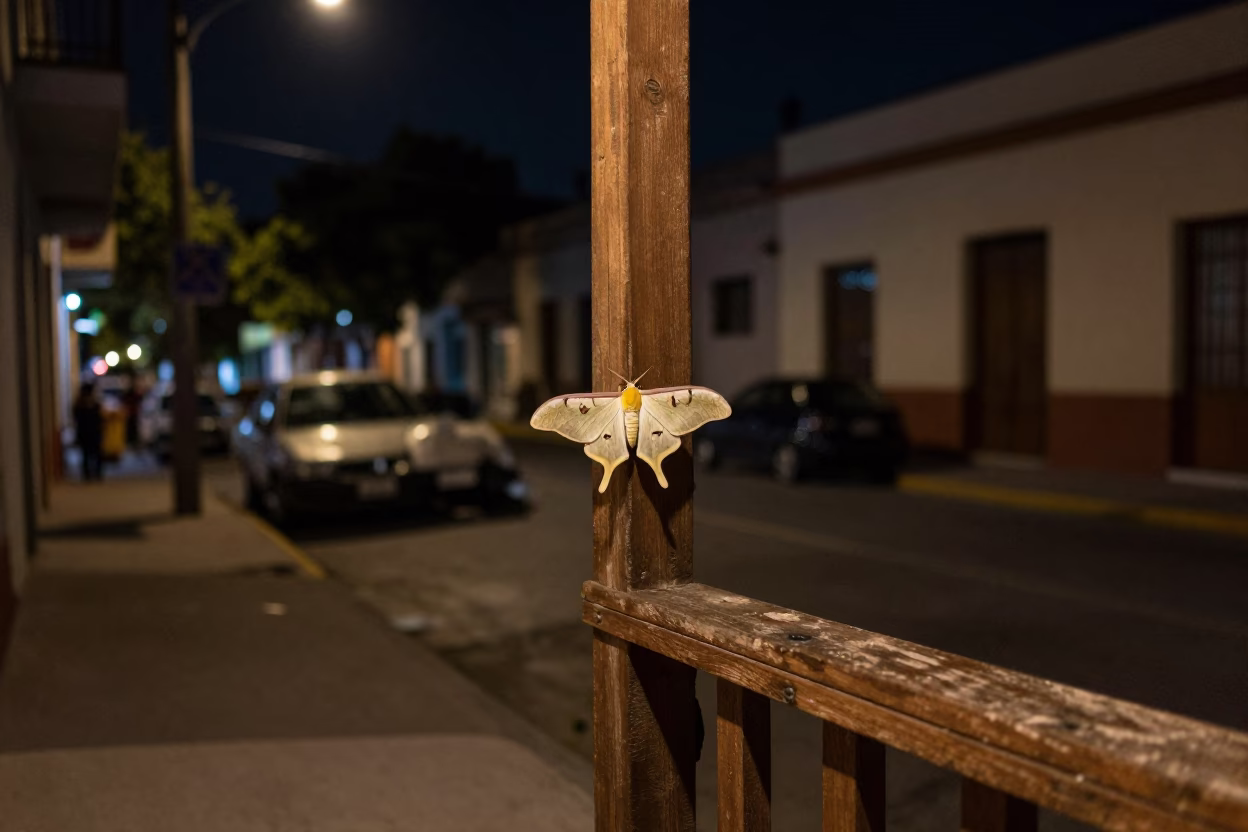 Buenos Aires Night Street Scene with Luna Moth on Porch Railing and Window Light in in Buenos Aires, Argentina