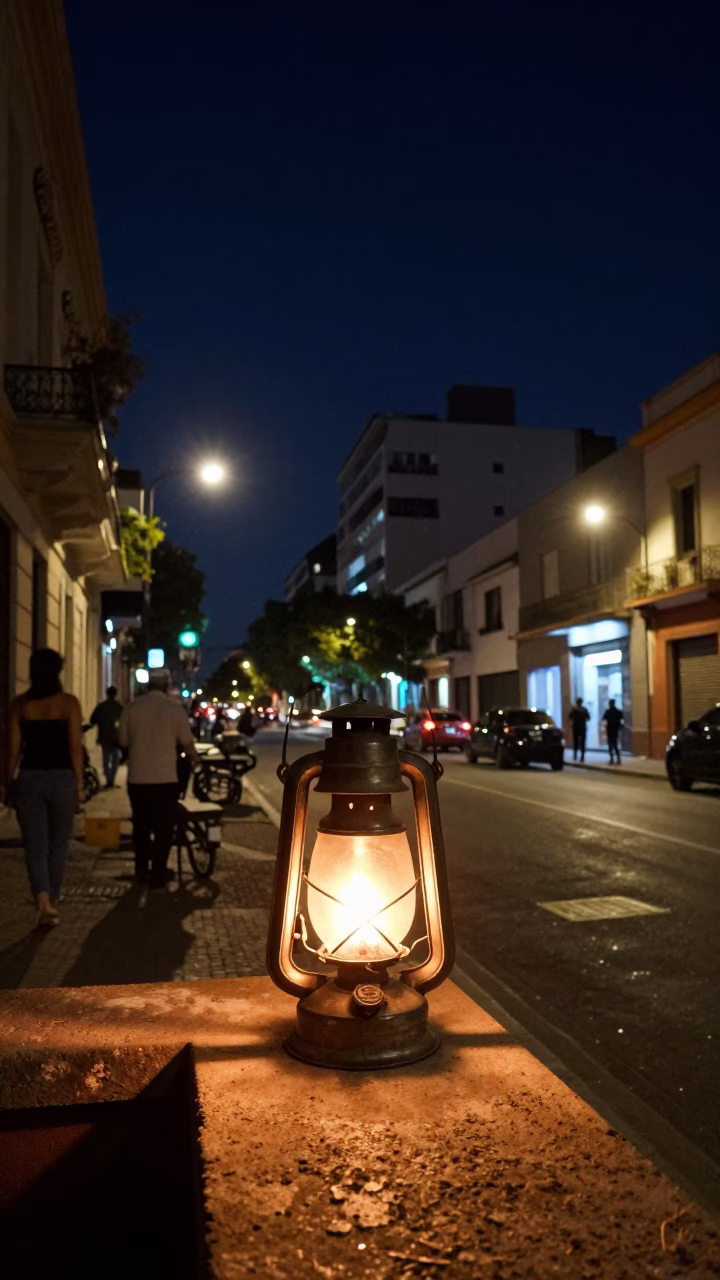 Buenos Aires Night Street Scene with Oil Lamp and Wool Scarves in in Buenos Aires, Argentina