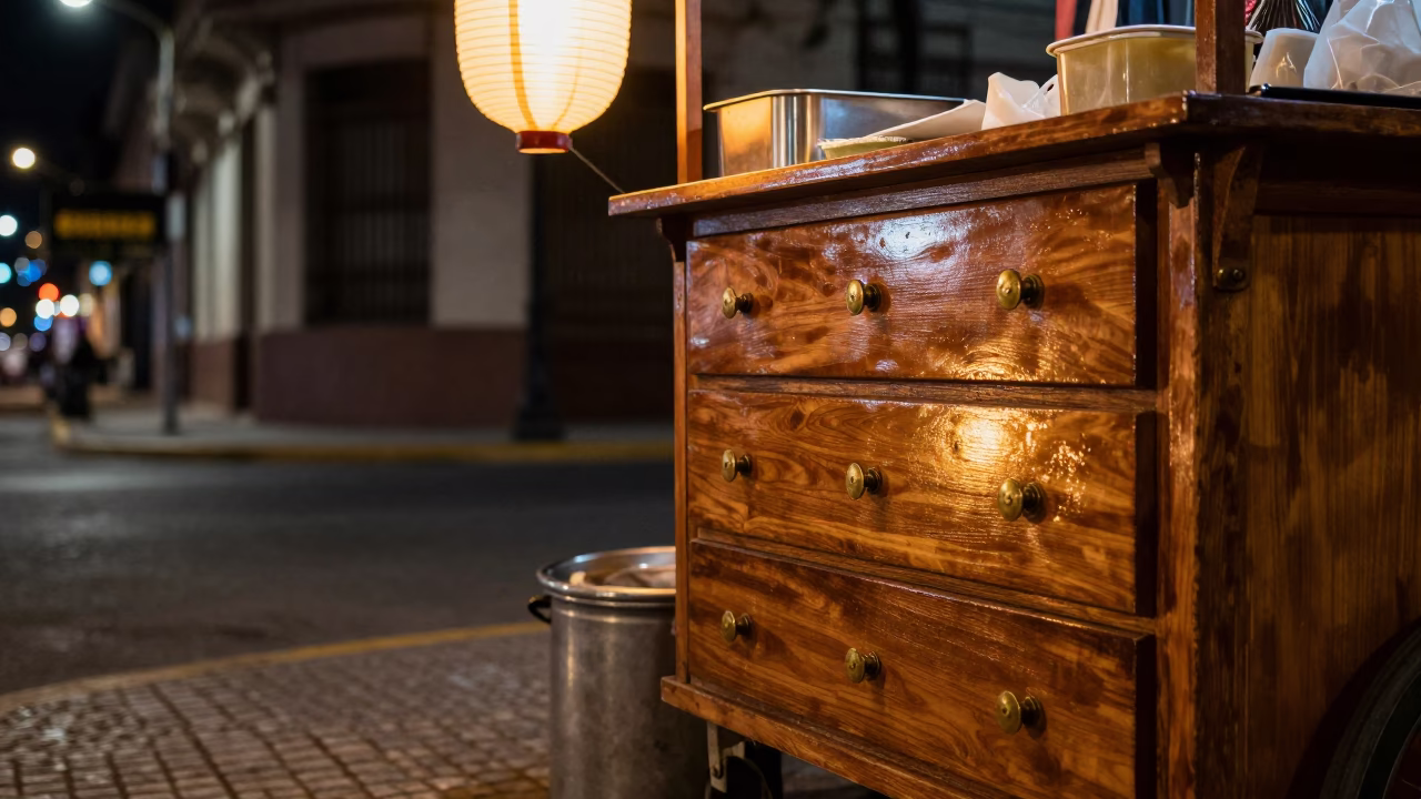 Buenos Aires Night Street Scene with Paper Lantern and Polished Brass Details in in Buenos Aires, Argentina