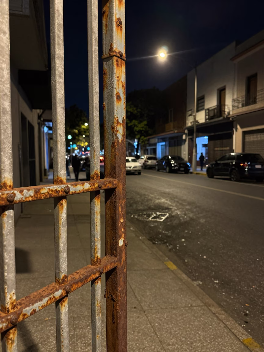 Buenos Aires Night Street Scene with Rusty Metal and Distant City Lights in in Buenos Aires, Argentina