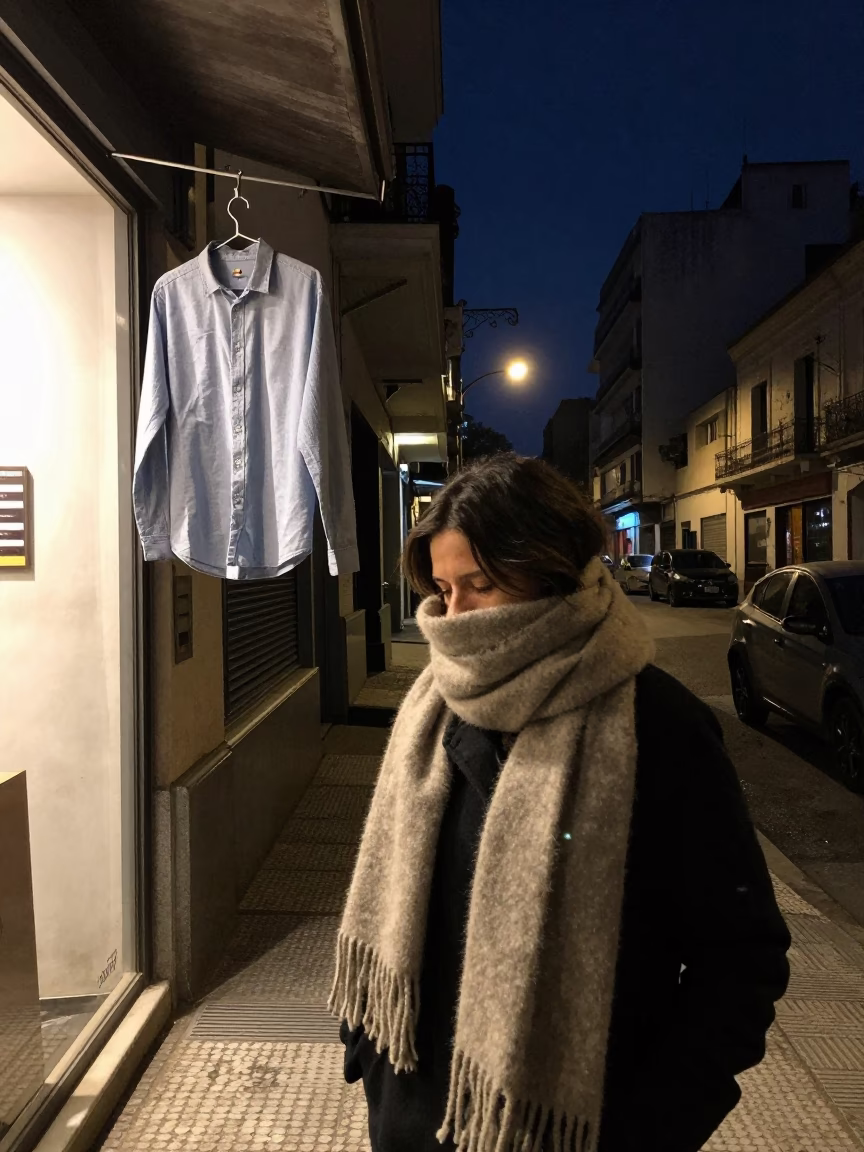 Buenos Aires Night Street Scene with Scarf and Shirt Hanger in in Buenos Aires, Argentina