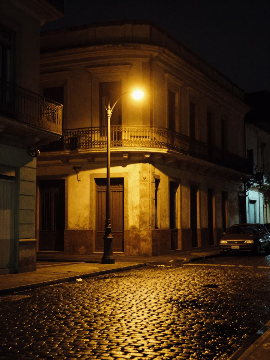 Buenos Aires Night Street Scene with Vintage 1970s Architecture and Urban Details in in Buenos Aires, Argentina