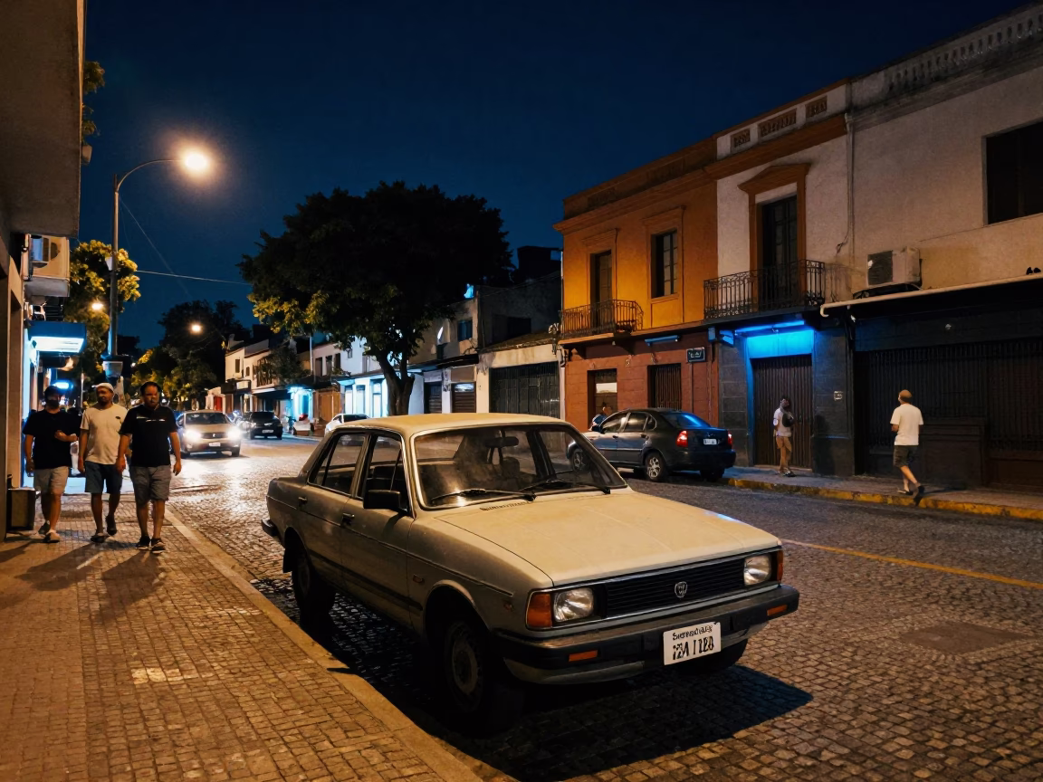 Buenos Aires Night Street Scene with Vintage Car and Neon Lights in in Buenos Aires, Argentina