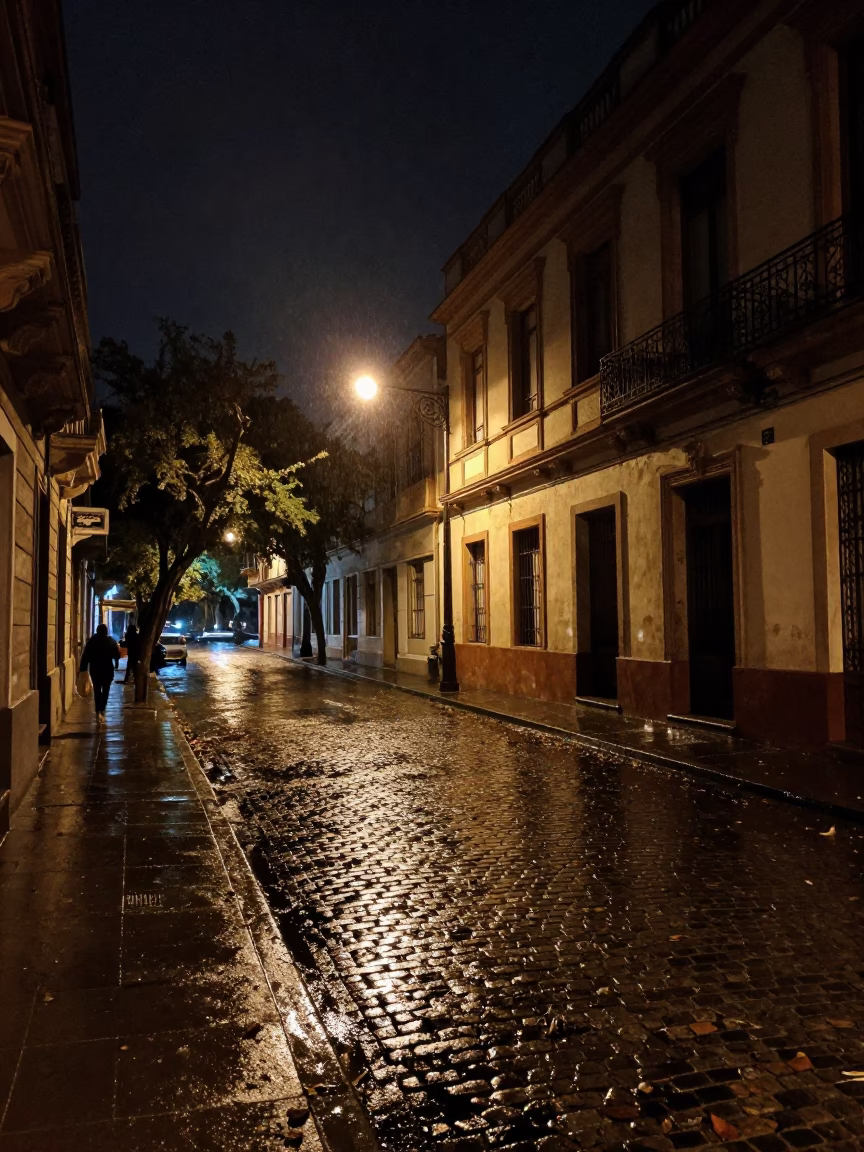 Buenos Aires Night Street Scene with Wet Leaves and Vintage Key Bowl in in Buenos Aires, Argentina