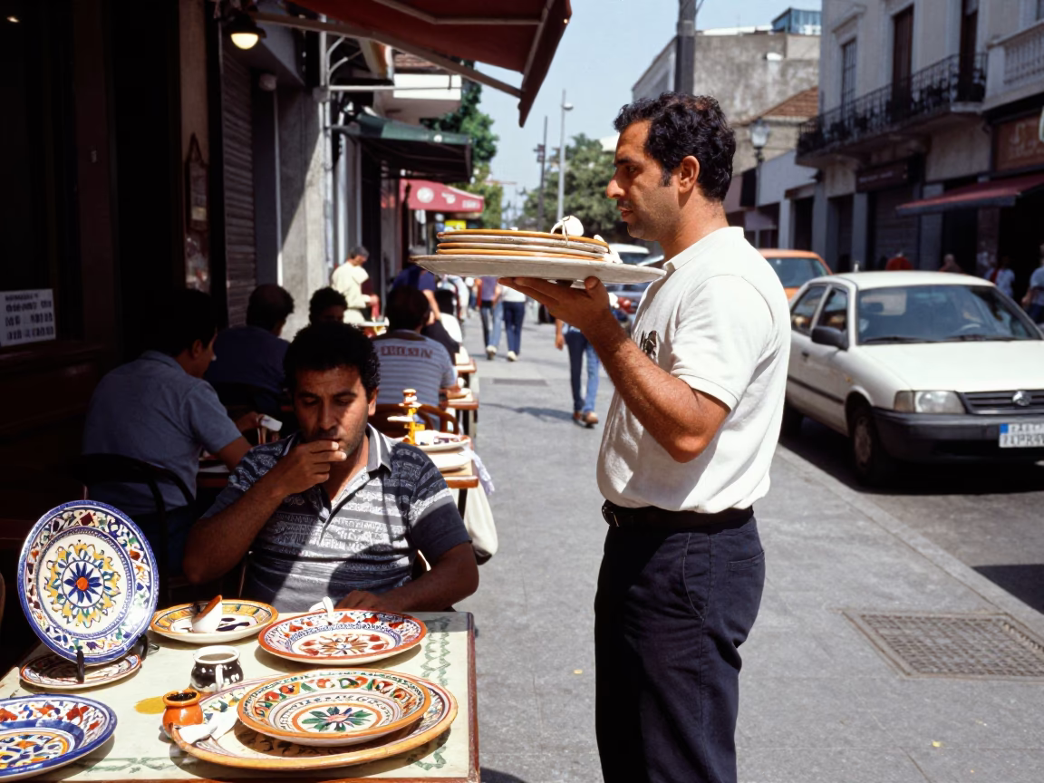 Buenos Aires noon street scene with majolica plates and paint flecks on hook plate in in Buenos Aires, Argentina