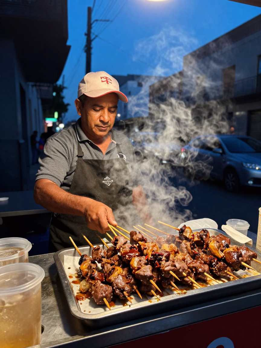 Buenos Aires Pre-Dawn Street Food Vendor Selling Anticuchos on Skewers in in Buenos Aires, Argentina