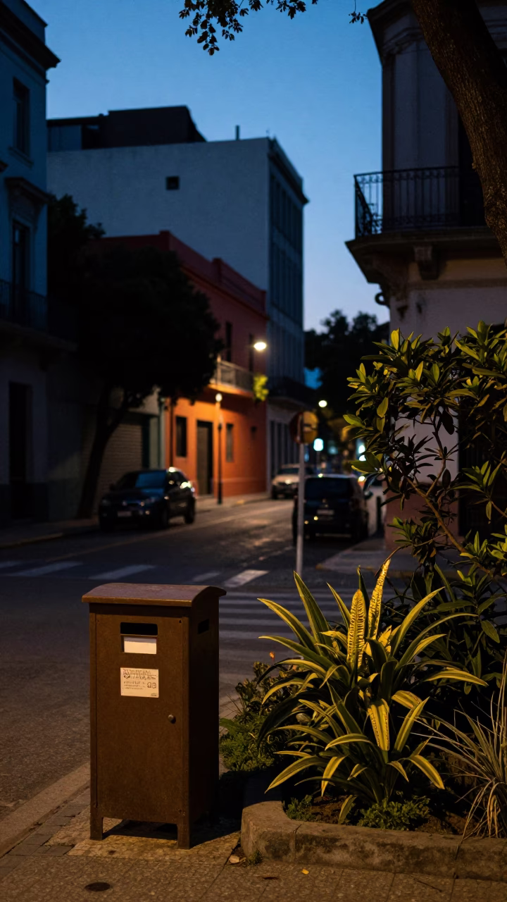 Buenos Aires Pre-Dawn Street Scene with File Box and Garden Hose in in Buenos Aires, Argentina