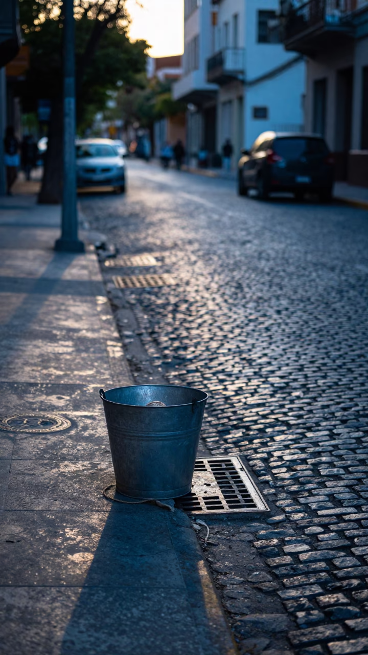 Buenos Aires Pre-Dawn Street Scene with Metal Bucket and Twine Fibers in in Buenos Aires, Argentina