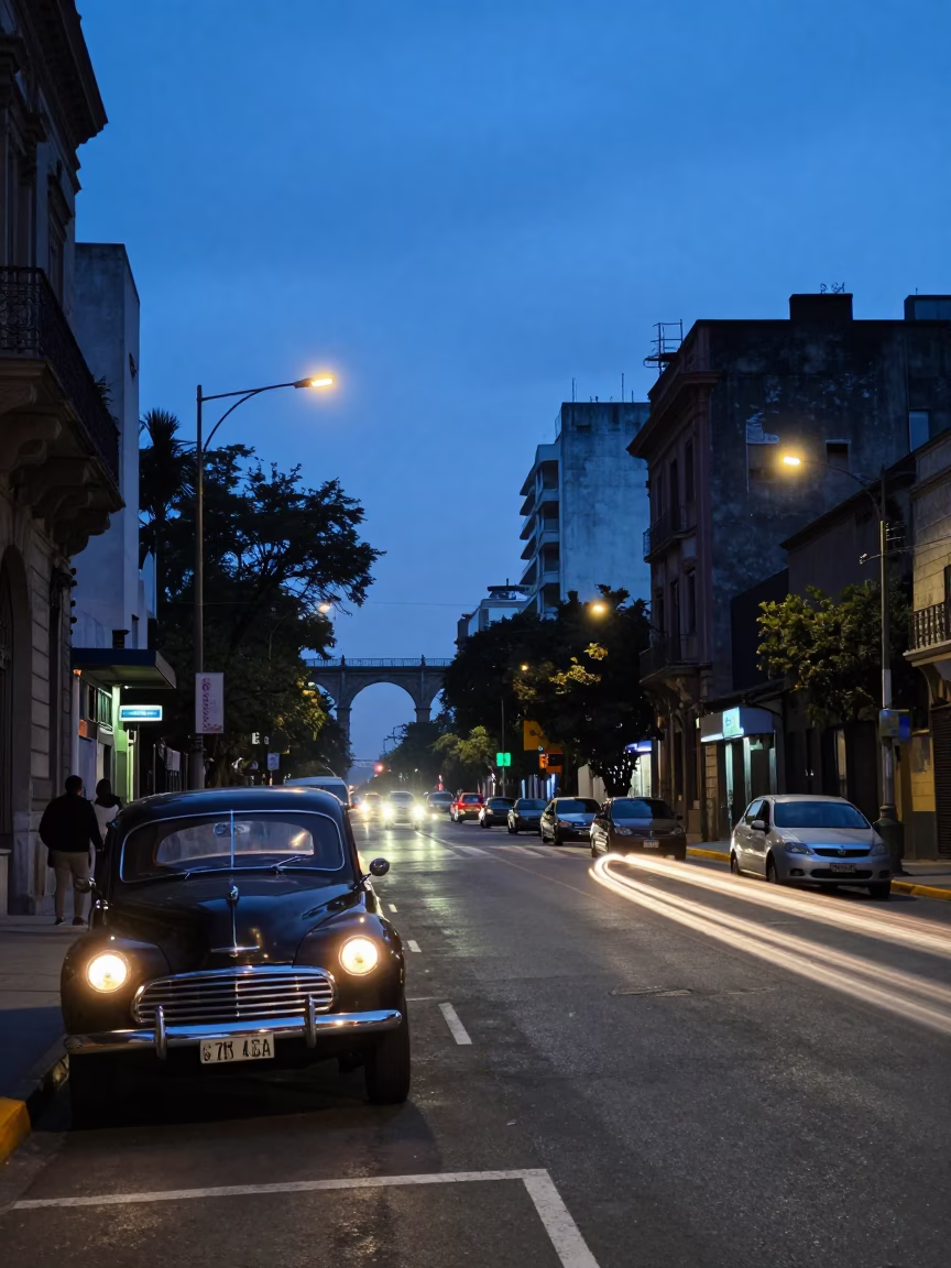 Buenos Aires Pre-Dawn Street Scene with Vintage Car Headlight Trails and Urban Viaduct in in Buenos Aires, Argentina