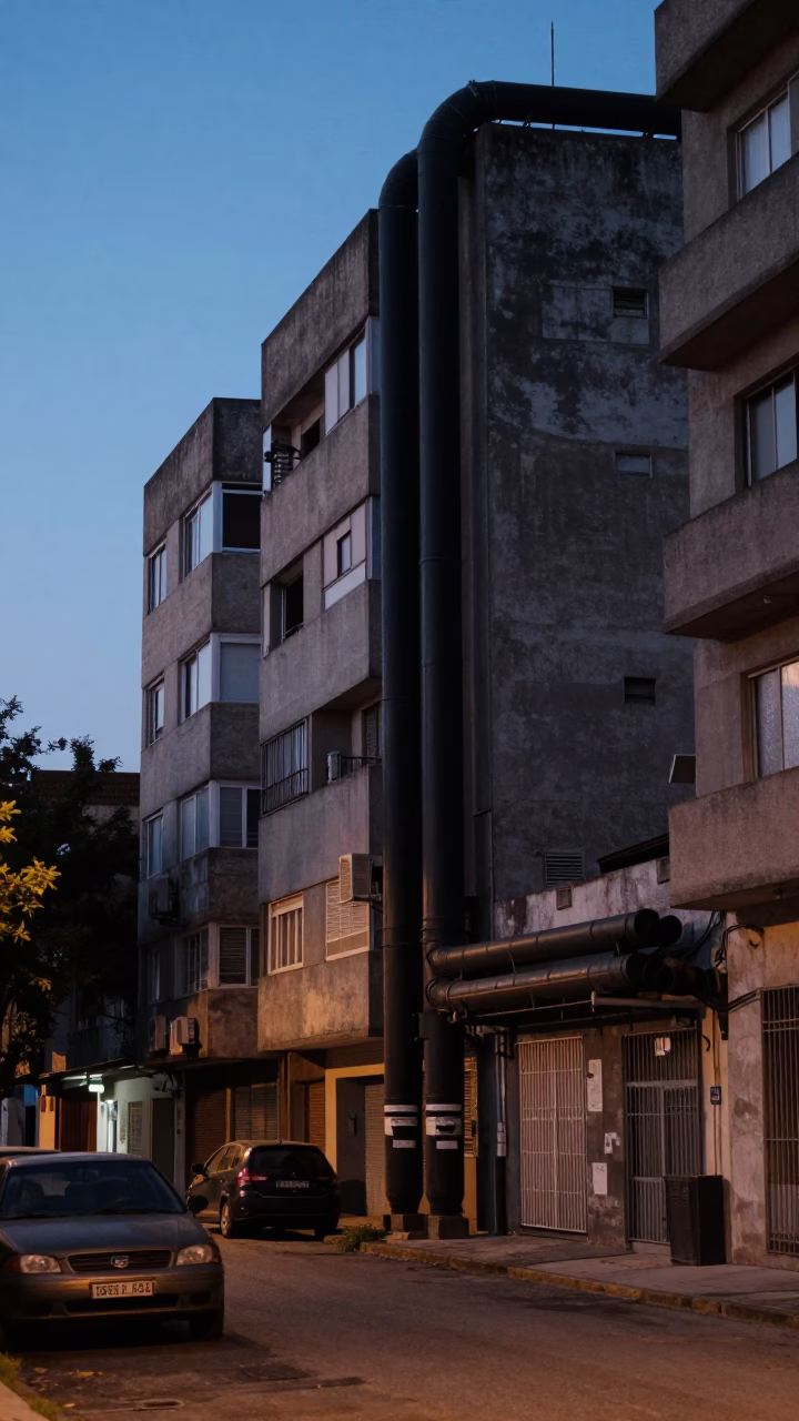 Buenos Aires predawn street scene with district heating pipes between concrete apartment blocks in in Buenos Aires, Argentina