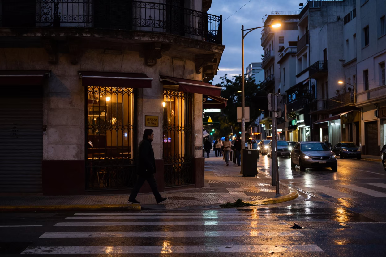 Buenos Aires Predawn Street Scene with Neon Reflections and Urban Architecture in in Buenos Aires, Argentina
