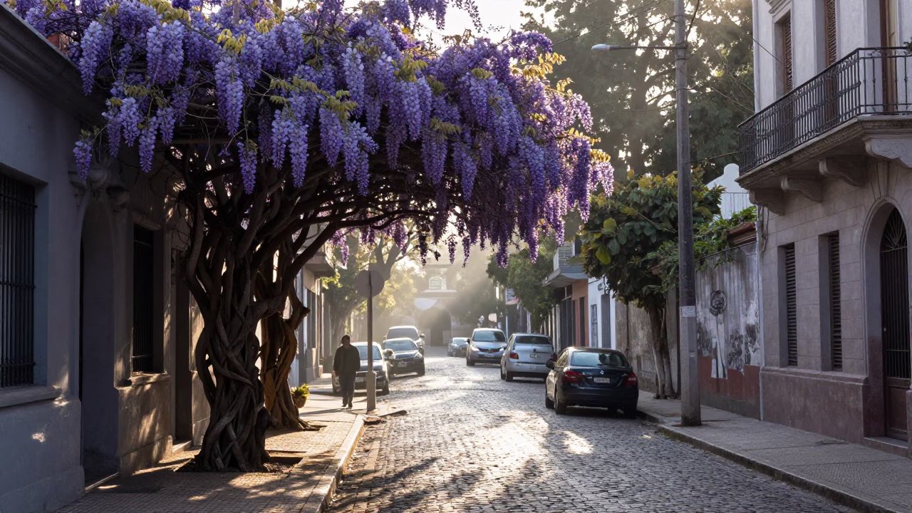 Buenos Aires Recoleta Morning Street Scene with Wisteria and Urban Life in in Buenos Aires, Argentina