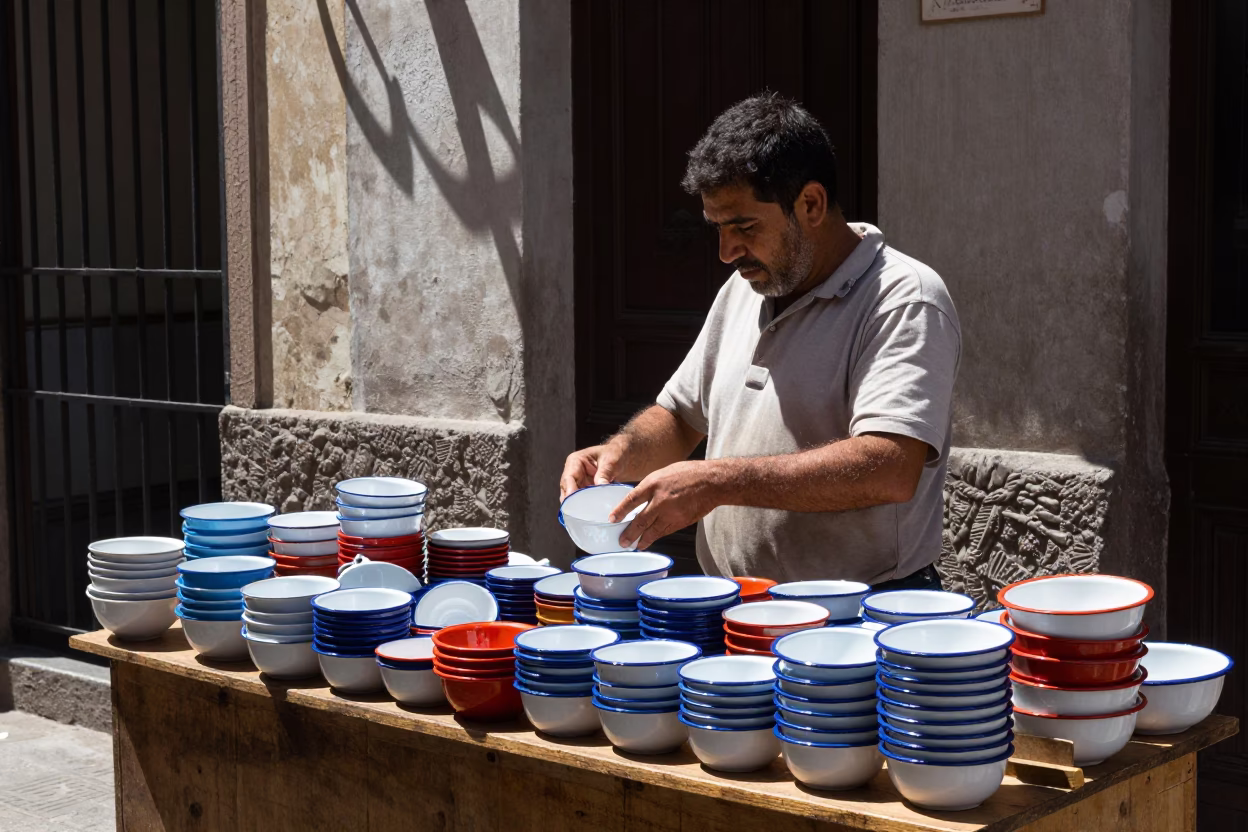 Buenos Aires Shopkeeper Sorting Enamel Bowls Under Flat Noon Sunlight in in Buenos Aires, Argentina