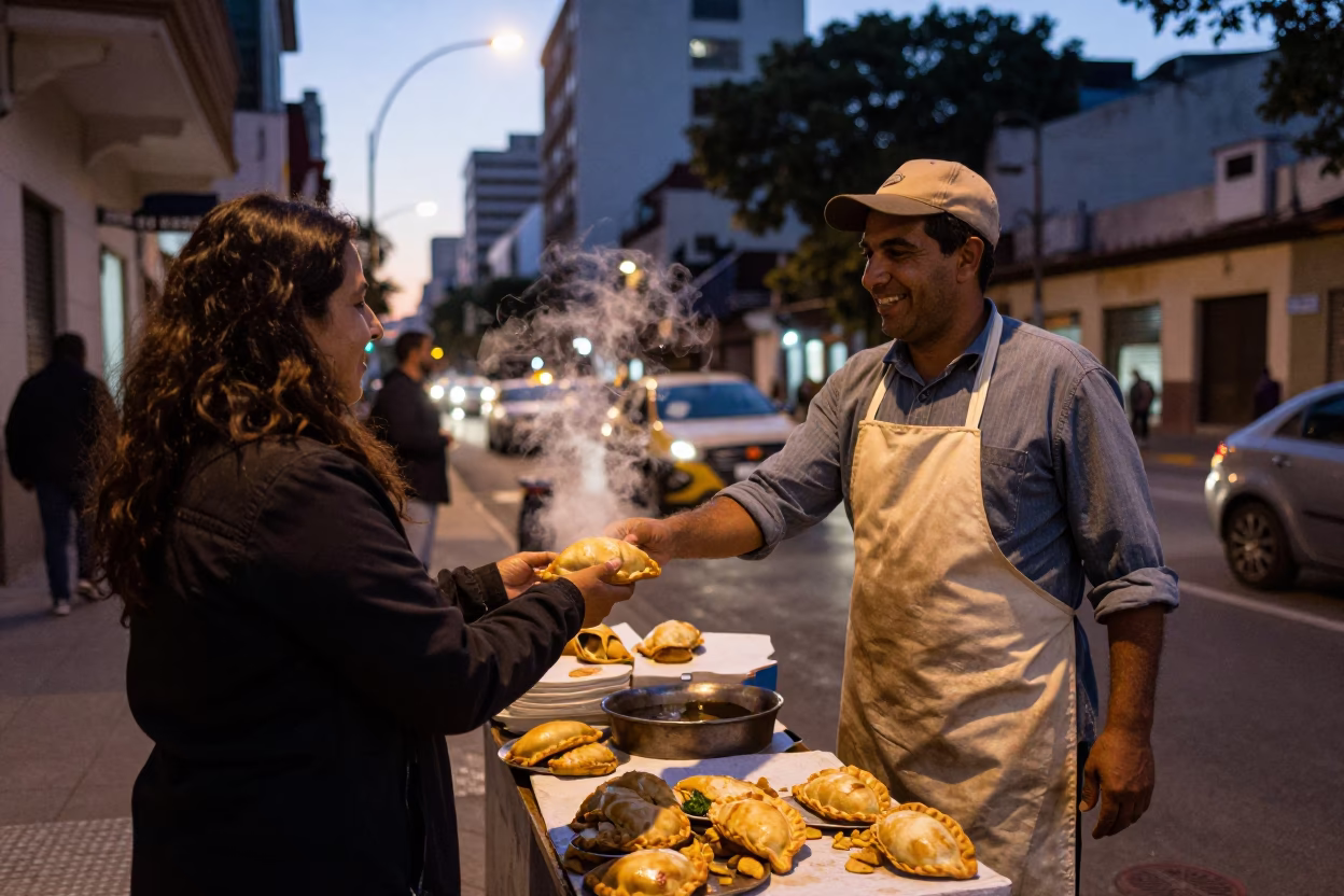 Buenos Aires street corner at dusk with a vendor selling fresh empanadas in in Buenos Aires, Argentina
