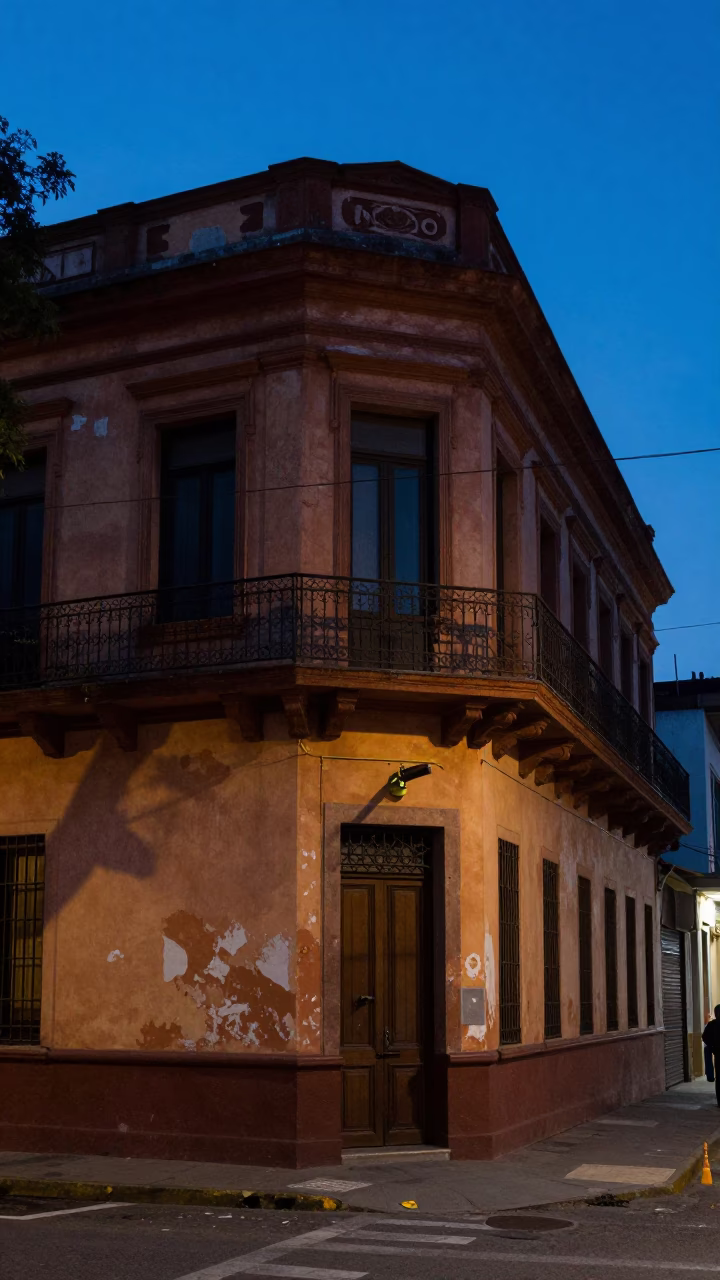 Buenos Aires Street Corner at Indigo Twilight with Brass Latch and Local Interaction in in Buenos Aires, Argentina