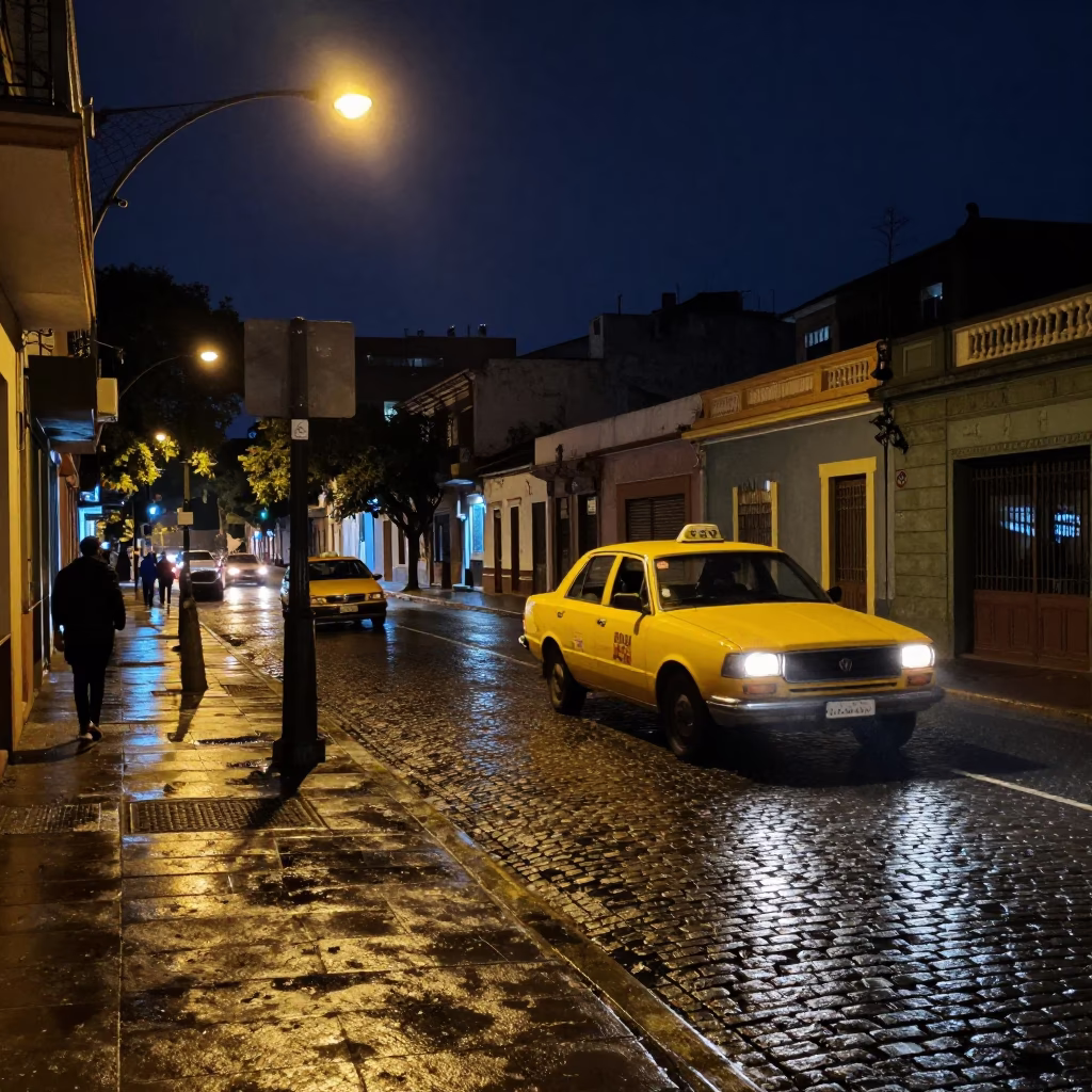 Buenos Aires street corner at night with streetlights and passing cars in in Buenos Aires, Argentina